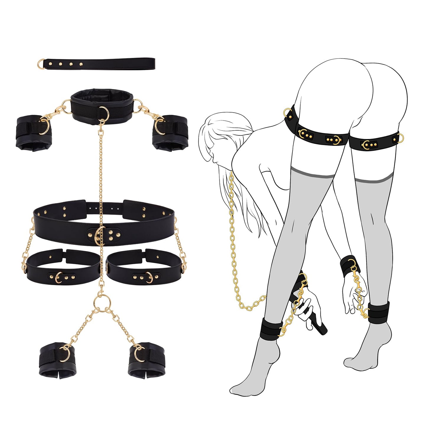 Sex Bondage BDSM Kit Restraints in Pakistan - Adult Sex Toys for Couples Neck to Wrist SM Gear & Accessories Game 7PCS Sets with Adjustable Handcuffs Ankle Thigh Cuff Cross Waist Strap Traction Chain Collar