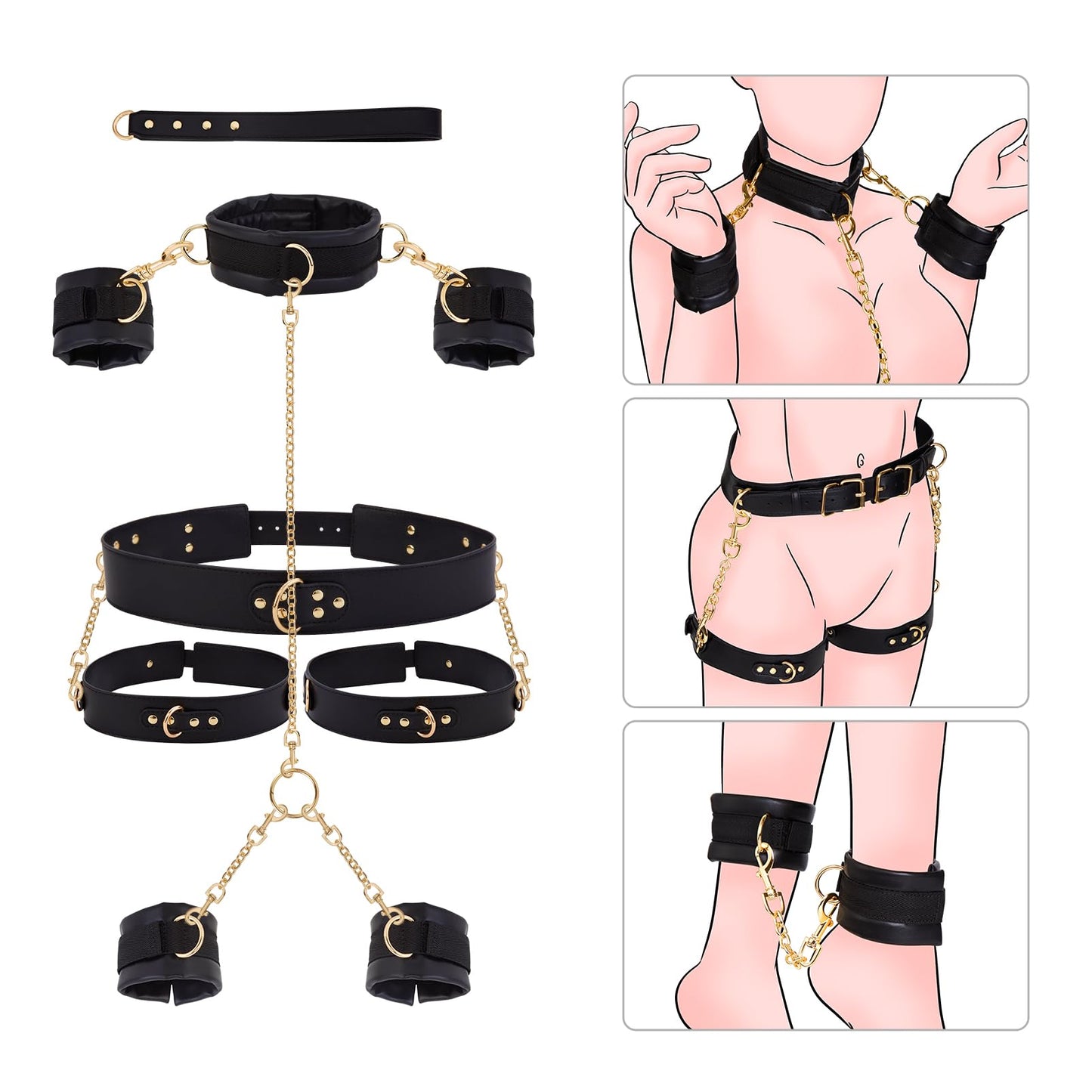 Sex Bondage BDSM Kit Restraints in Pakistan - Adult Sex Toys for Couples Neck to Wrist SM Gear & Accessories Game 7PCS Sets with Adjustable Handcuffs Ankle Thigh Cuff Cross Waist Strap Traction Chain Collar